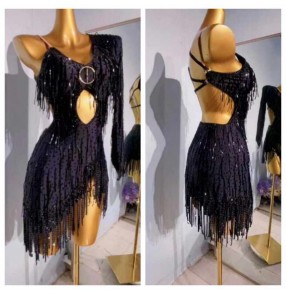 Customized size black bling fringe competition latin dance dresses for women girls gemstones handmade salsa rumba chacha solo dance outfits for female